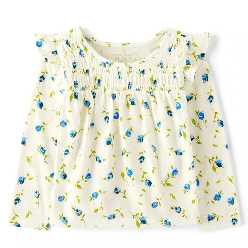 The Children's Place Cream Long Sleeve Top with Blue Floral Print